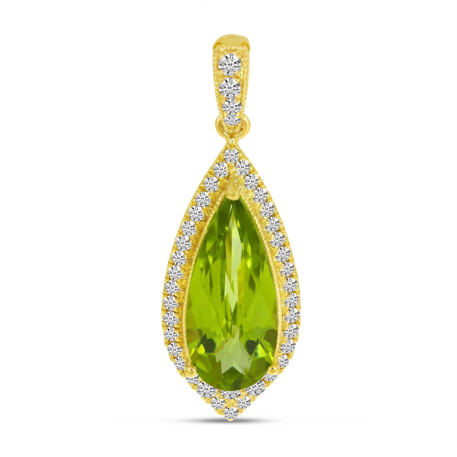 14K Yellow Gold Pear Peridot and Diamond Halo Pendant