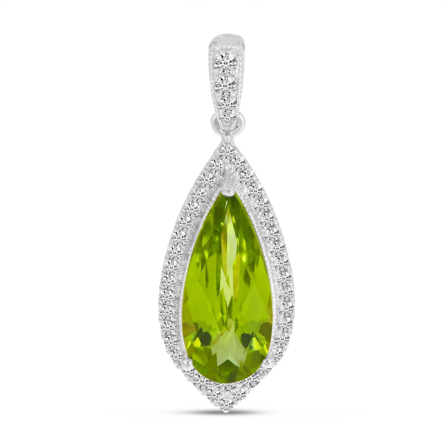 14K White Gold Pear Peridot and Diamond Halo Pendant