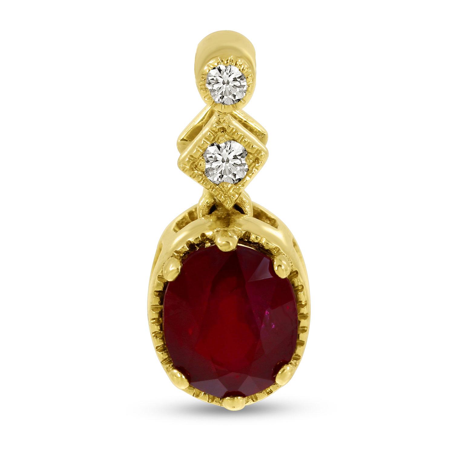 14K Yellow Gold Oval Ruby and Diamond Pendant