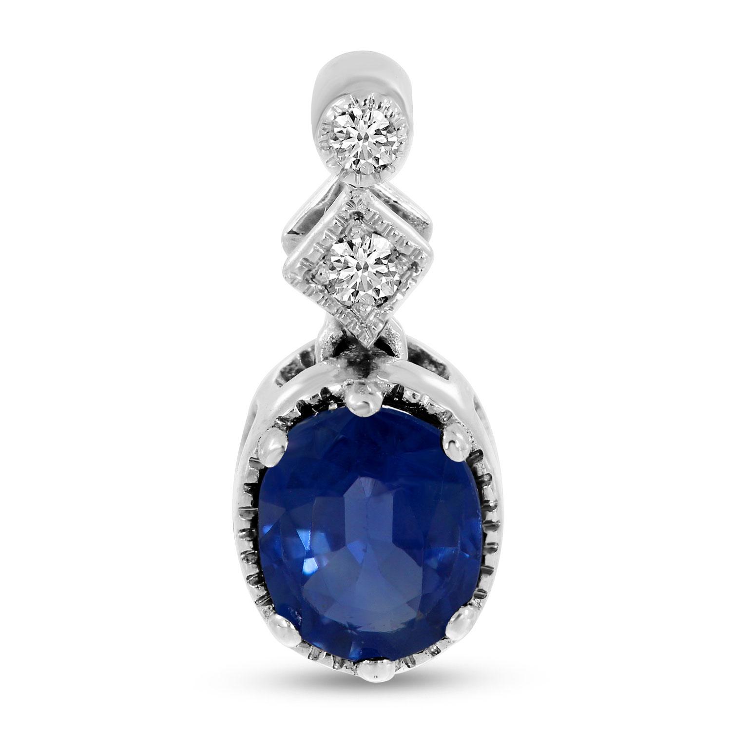 14K White Gold Oval Sapphire and Diamond Pendant