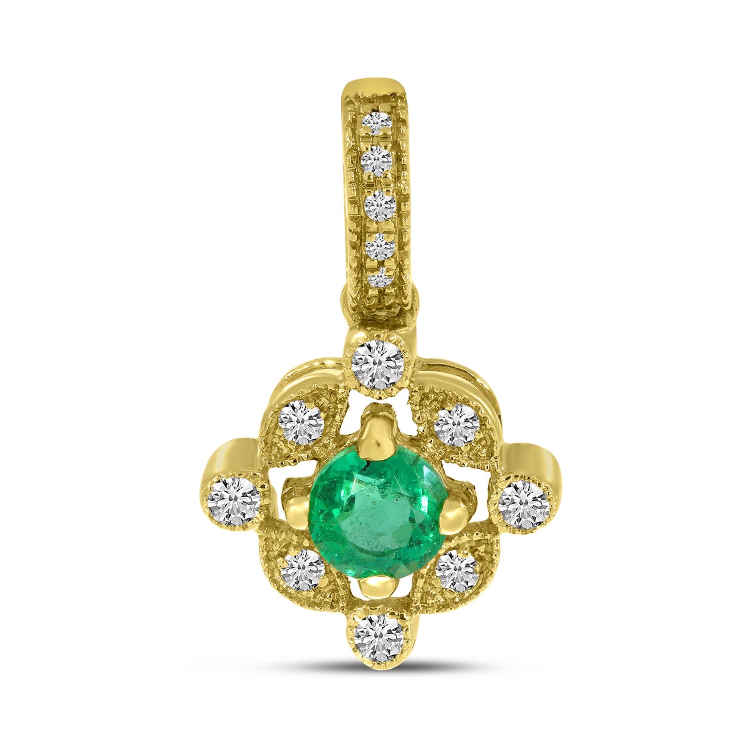 14K Yellow Gold Round Emerald and Diamond Pendant