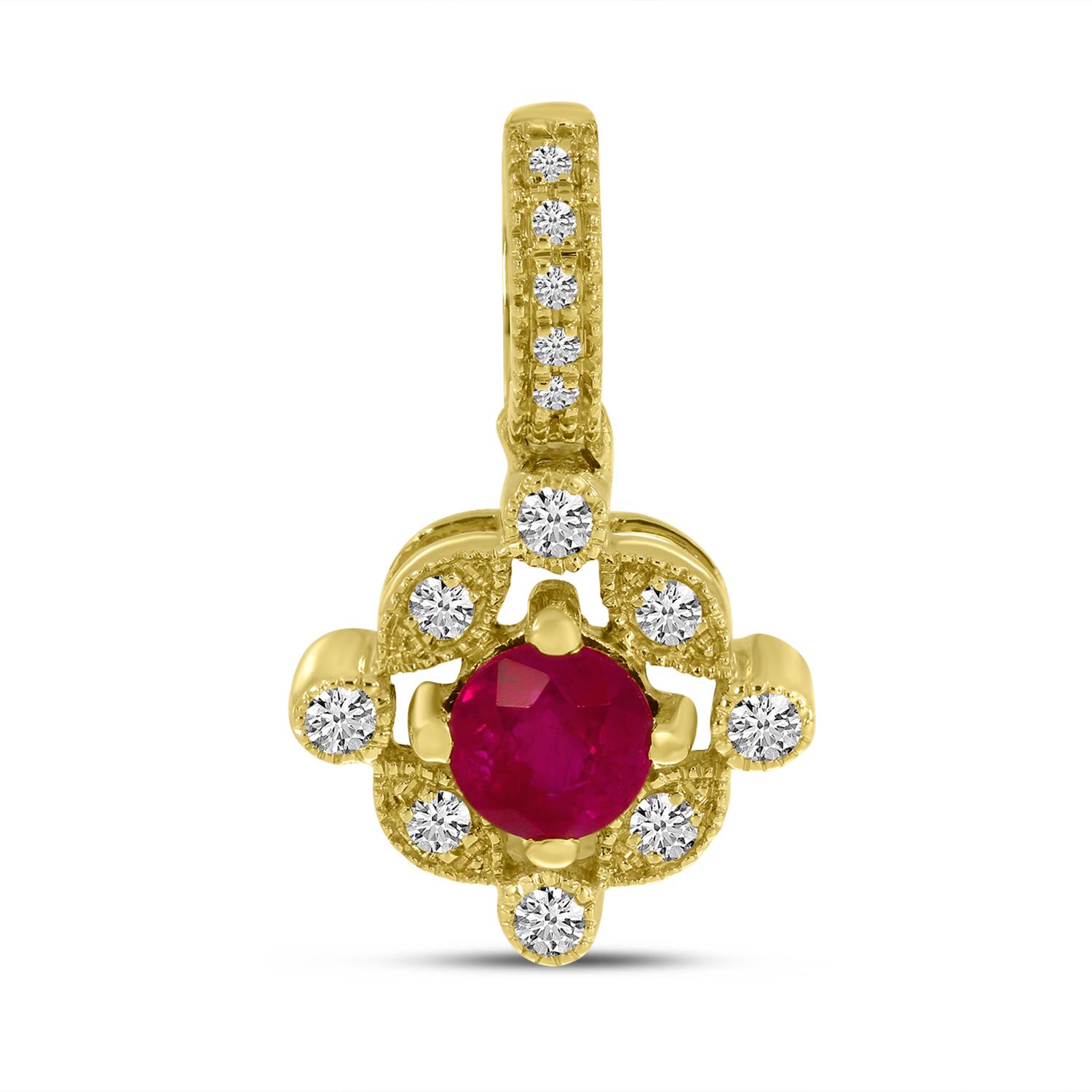 14K Yellow Gold Round Ruby and Diamond Pendant