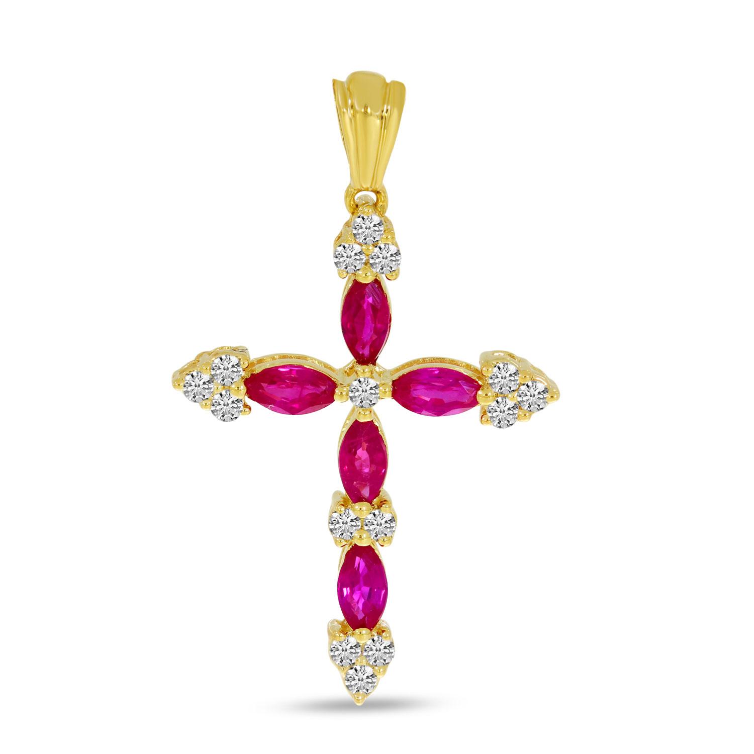 14K Yellow Gold Marquise Ruby and Diamond Cross Pendant