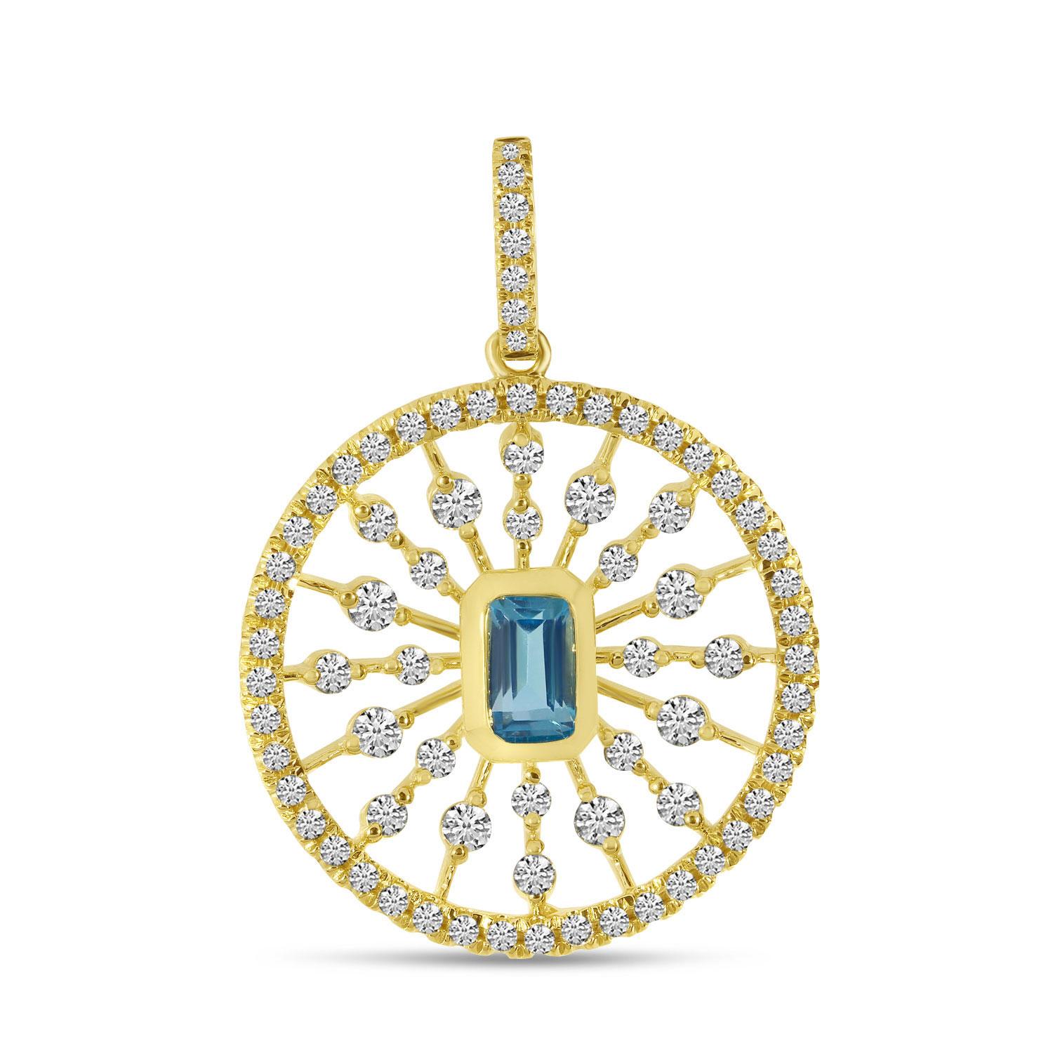 14K Yellow Gold Octagon Blue Topaz and Scattered Diamond Disc Pendant