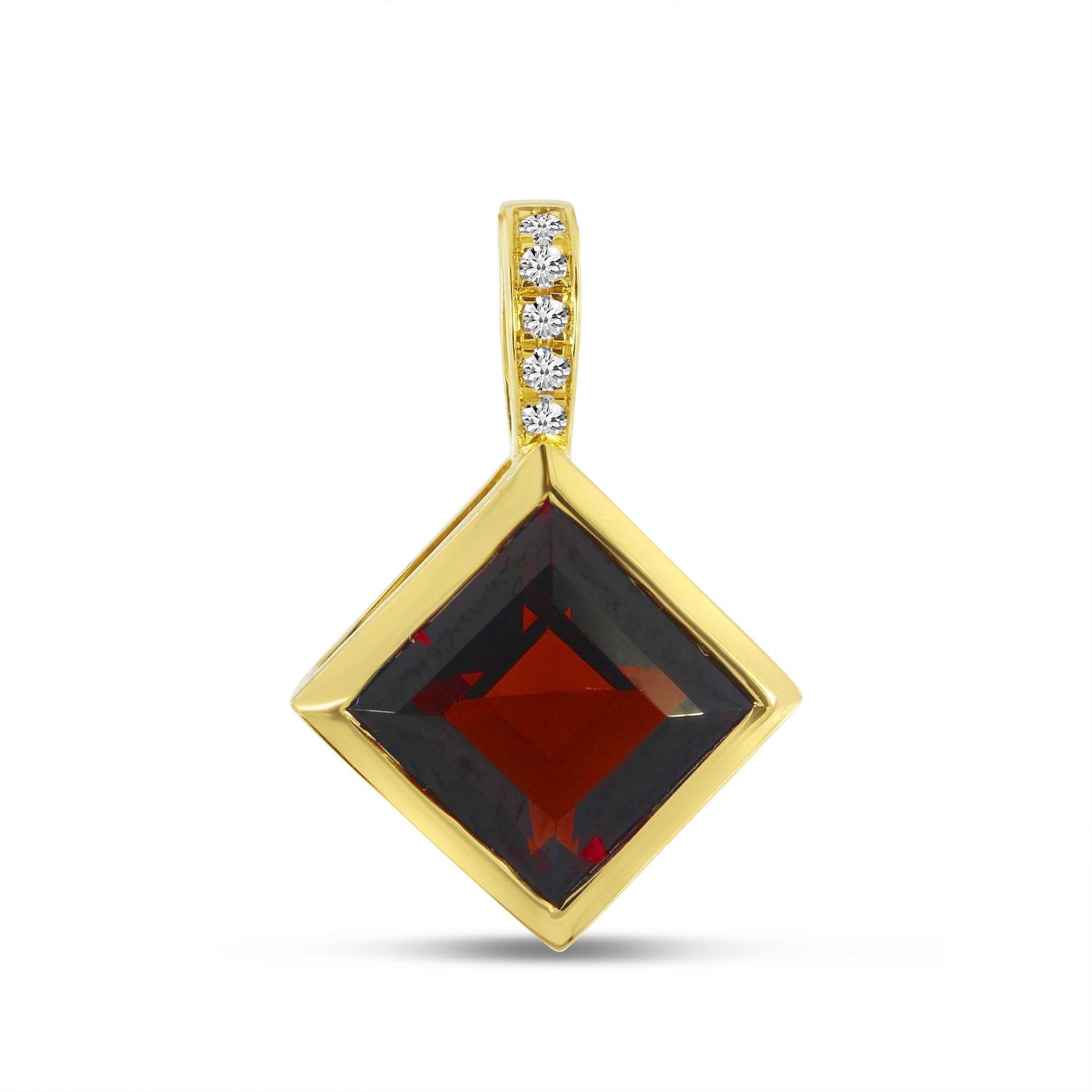 14K Yellow Gold Princess Garnet with Diamond Bale Semi Precious Pendant