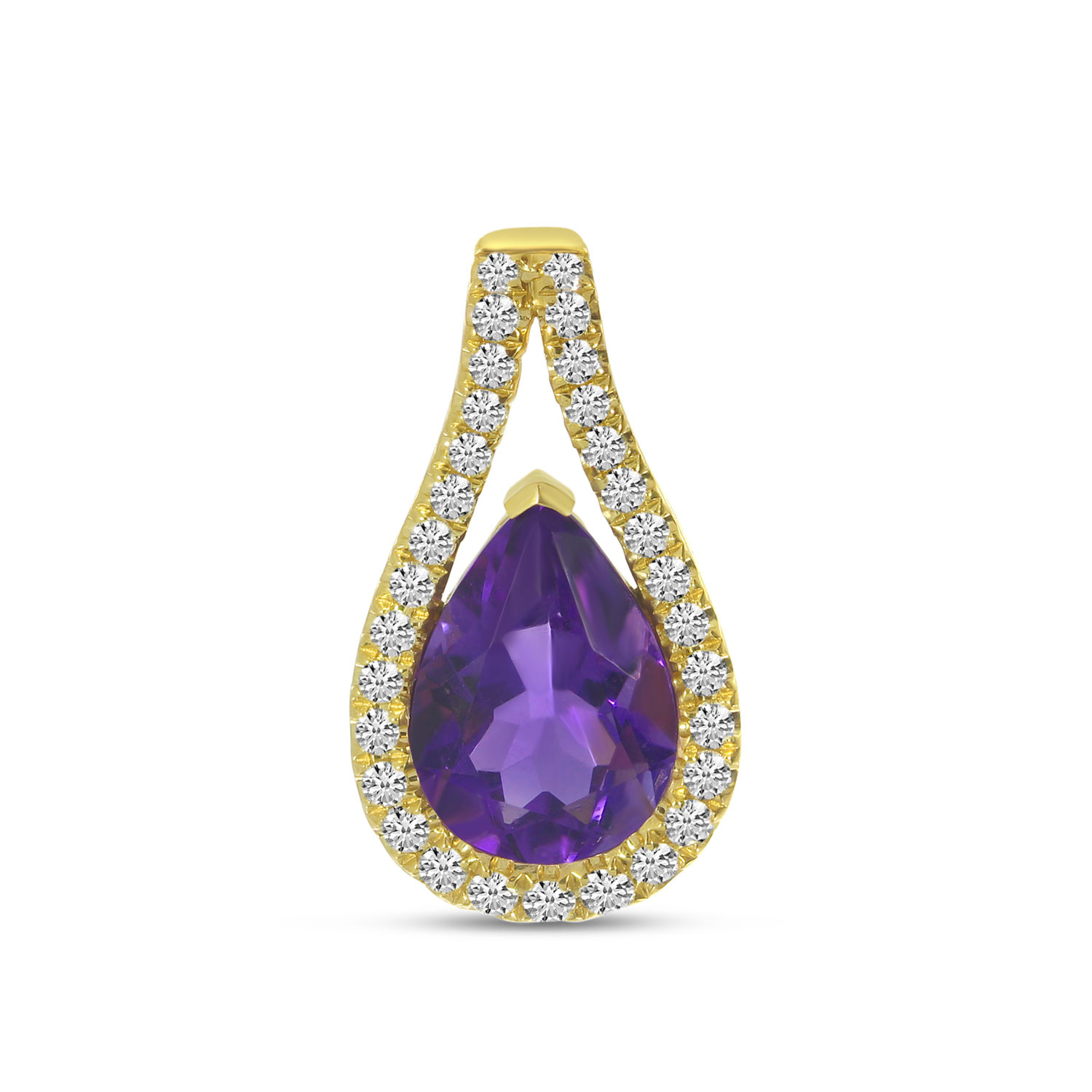 14K Yellow Gold Pear Cut Amethyst Diamond Halo Pendant