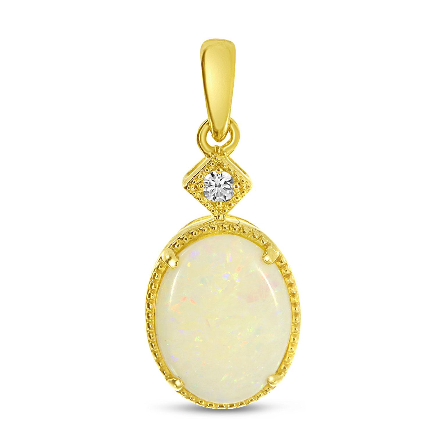 14K Yellow Gold Oval Opal Ring Pendant with Diamond Millgran Details