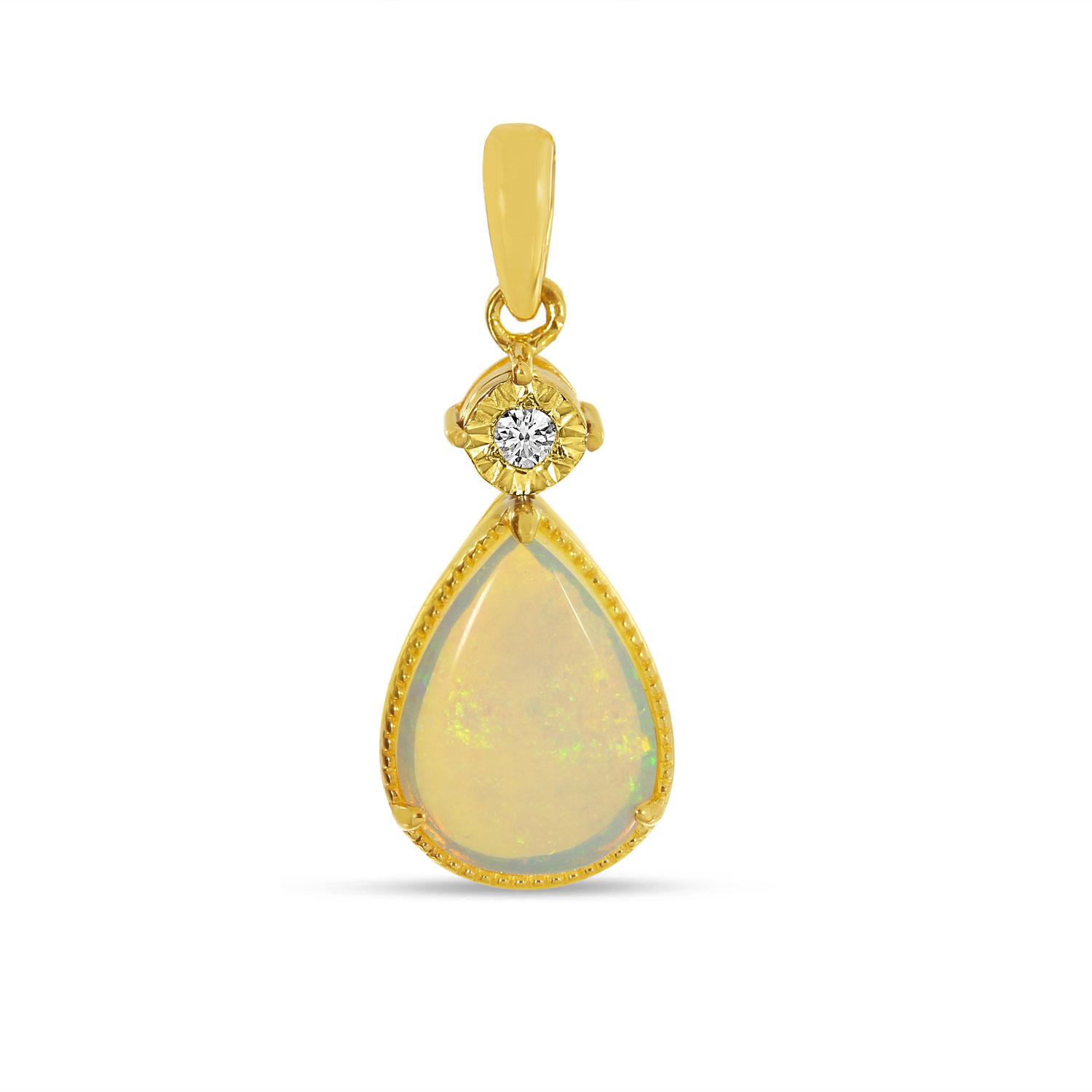 14K Yellow Gold Pear Opal Pendant with Diamond Millgran Details