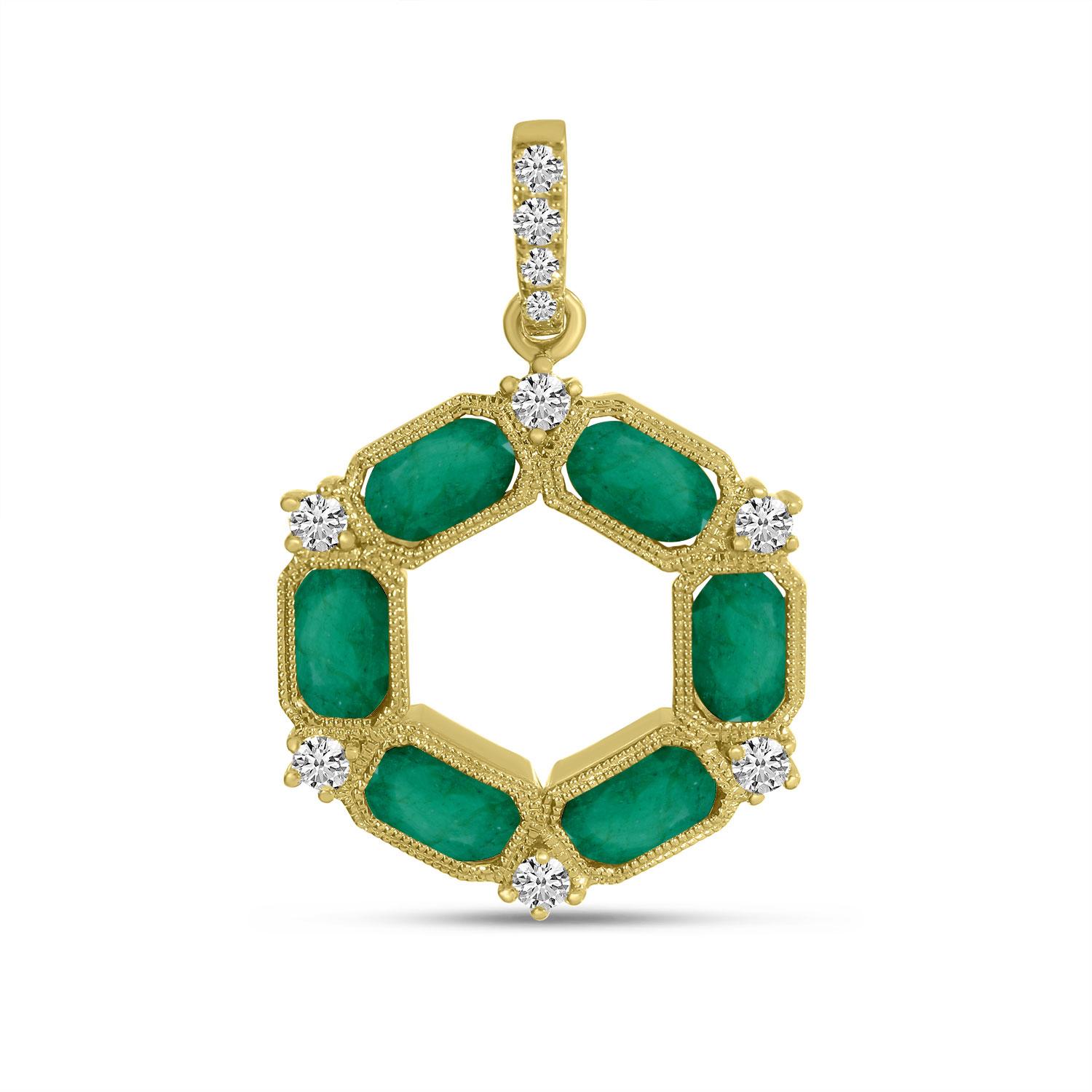 14K Yellow Gold Oval Emerald and Diamond Hexagon Circle Pendant