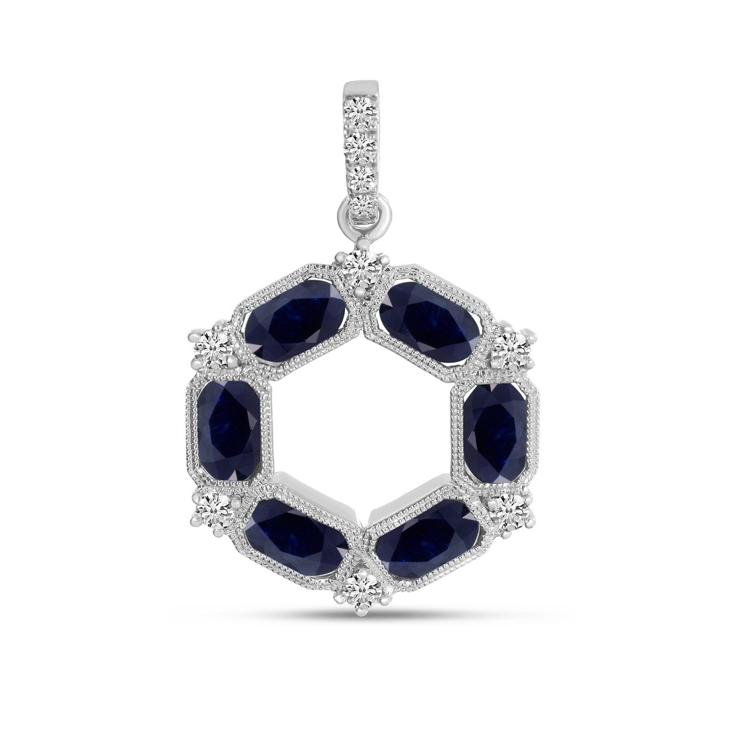 14K White Gold Oval Sapphire and Diamond Hexagon Circle Pendant