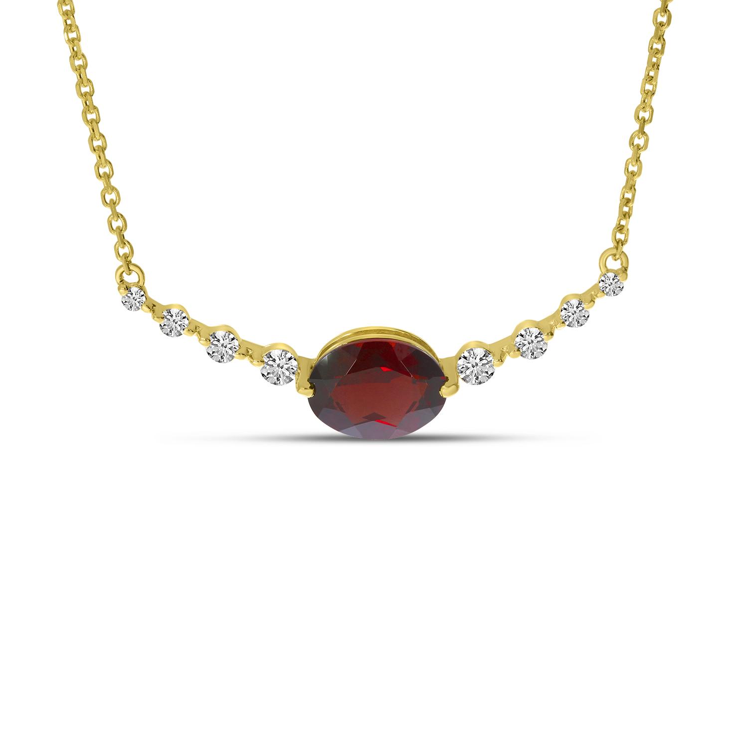 14K Yellow Gold Oval Garnet with Diamond Bar Necklace