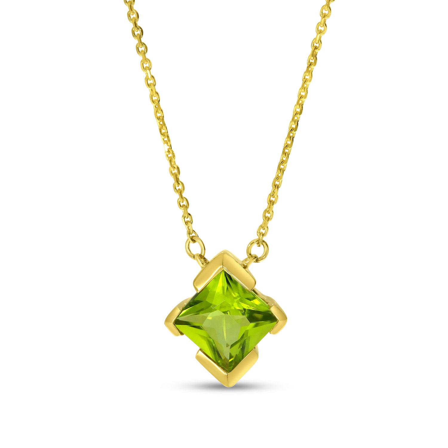 14K Yellow Gold Solitaire Princess Peridot Necklace