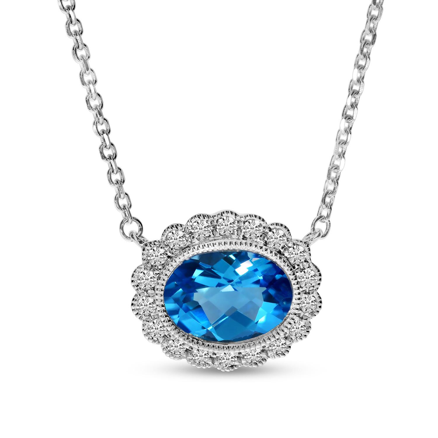 14K White Gold Blue Topaz with Diamond Halo Oval Necklace