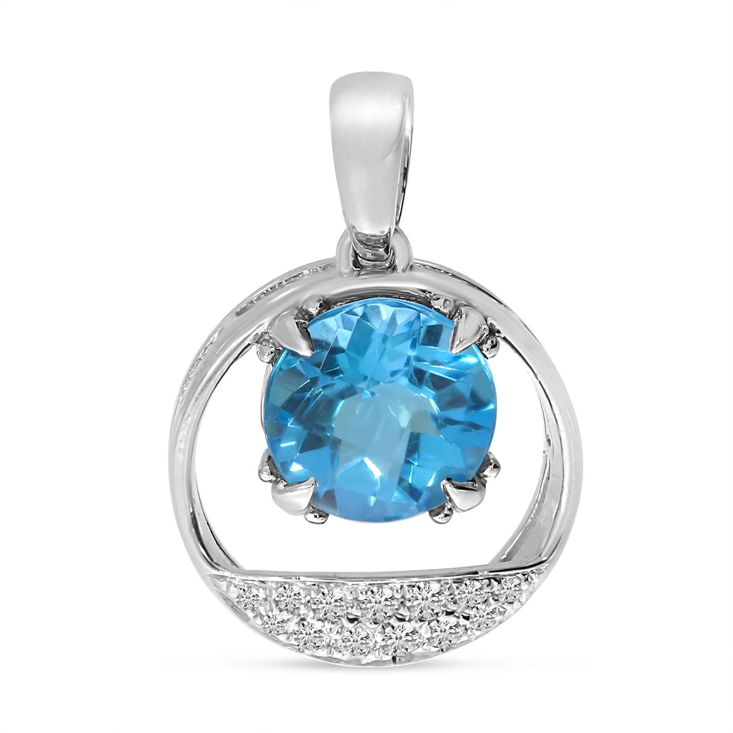 14K White Gold Blue Topaz and Diamond Circle Pendant