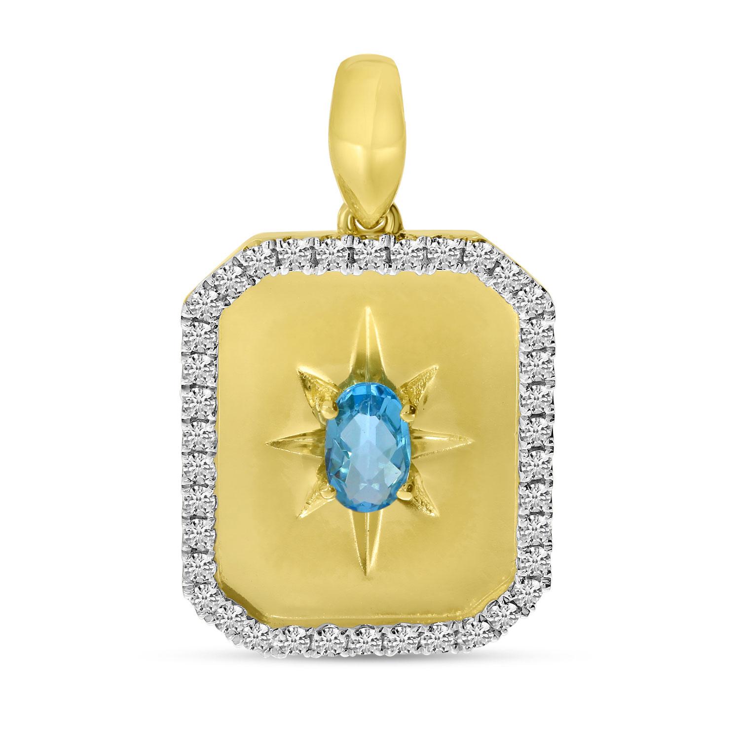 14K Yellow Gold Blue Topaz and Diamond Burst Medallion Pendant