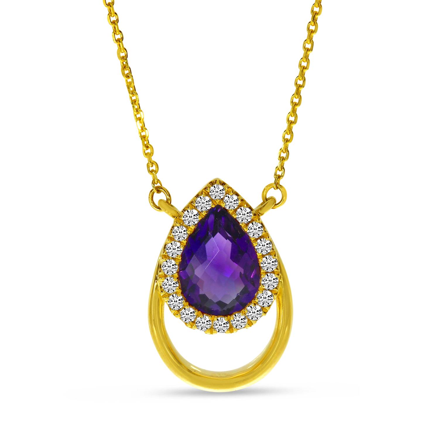 14K Yellow Gold Amethyst and Diamond Open Pear Shape Necklace