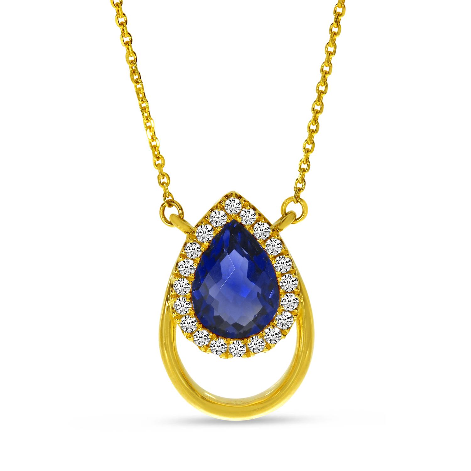 14K Yellow Gold Sapphire and Diamond Open Pear Shape Necklace