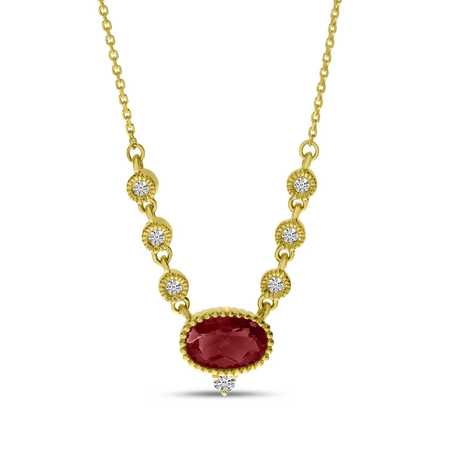 14k Yellow Gold Garnet Oval with Diamond Milgrain Bezel Necklace