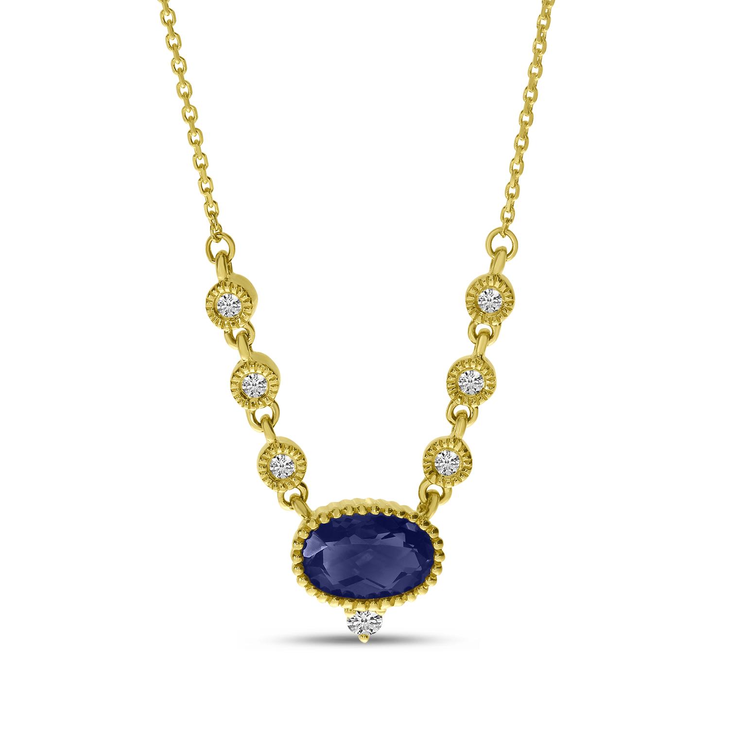 14k Yellow Gold Sapphire Oval with Diamond Milgrain Bezel Necklace