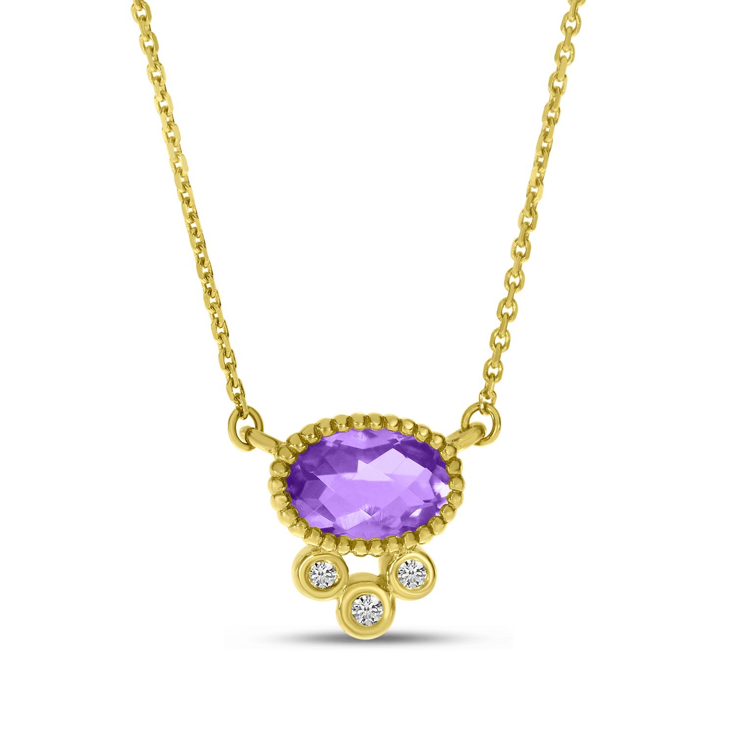 14K Yellow Gold Amethyst with Triple Diamond Oval Necklace