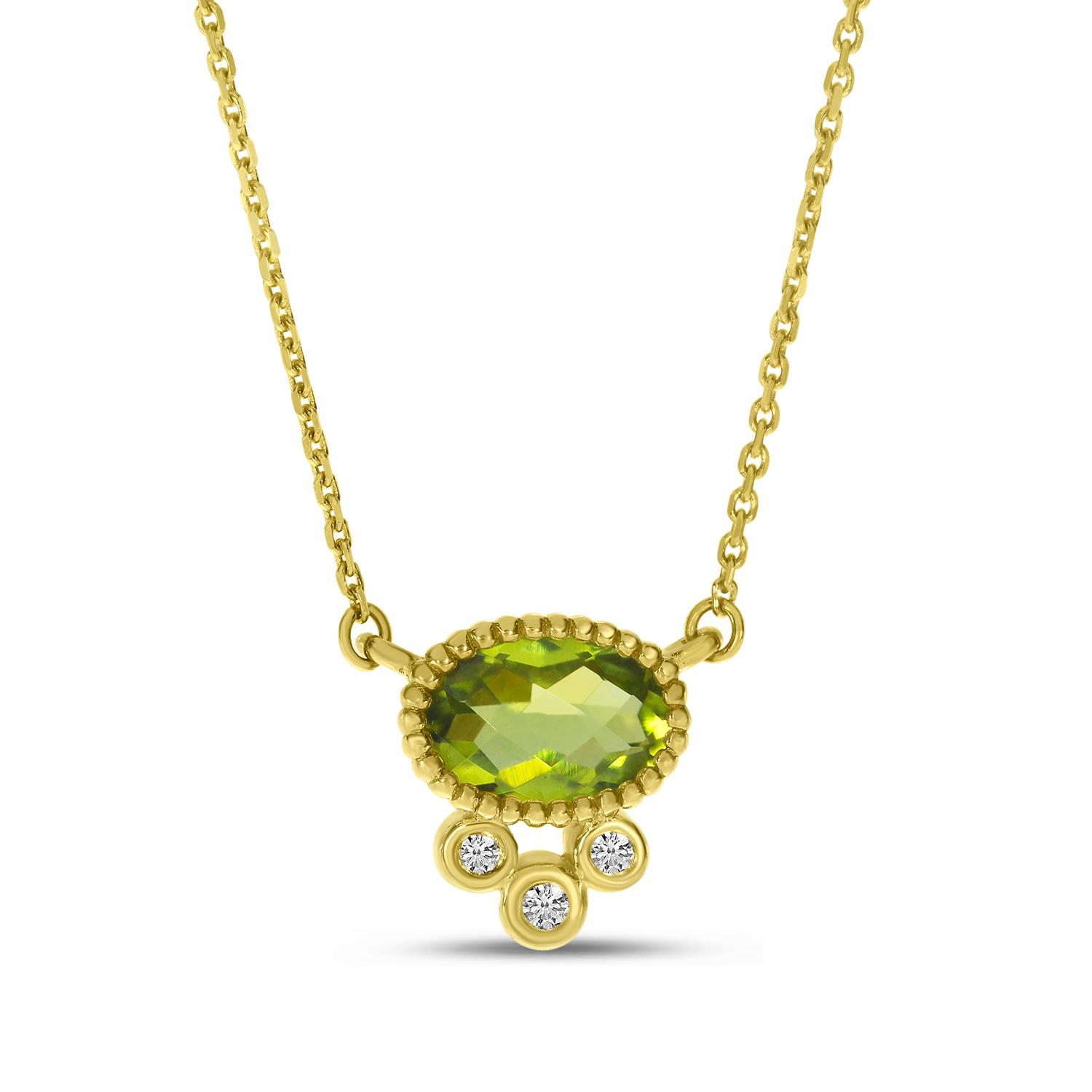 14K Yellow Gold Peridot with Triple Diamond Oval Necklace