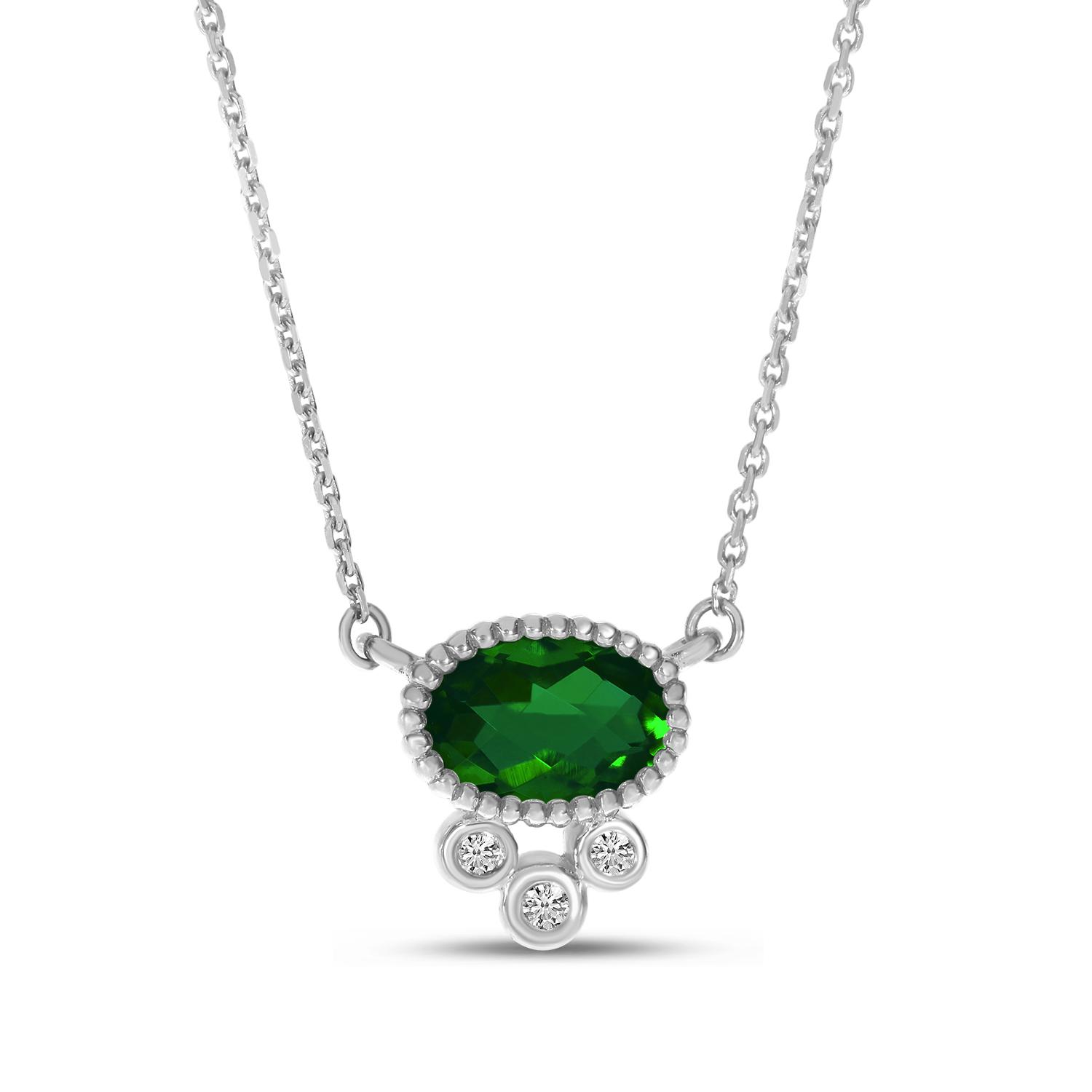 14K White Gold Emerald with Triple Diamond Oval Necklace