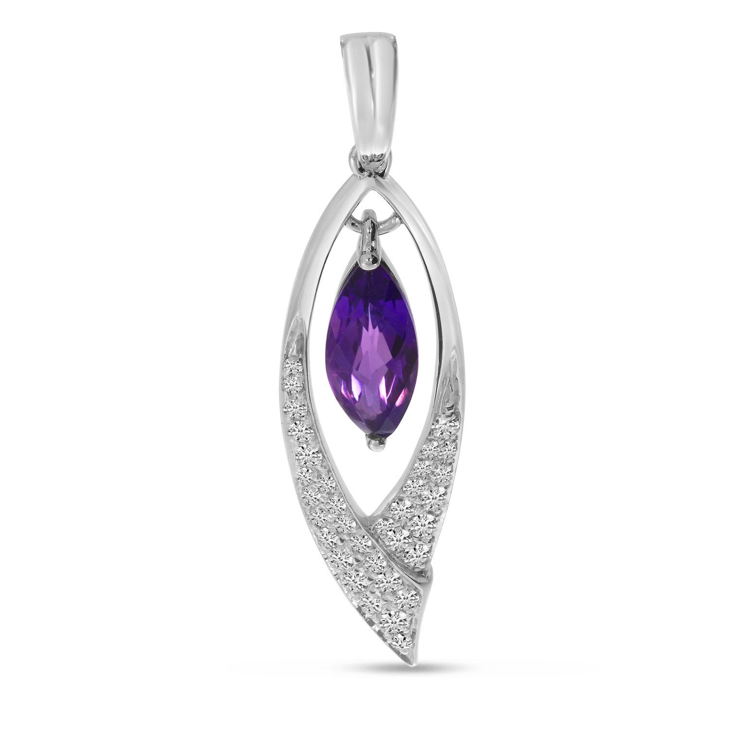 14K White Gold Marquise Amethyst and Diamond Dangle Pendant