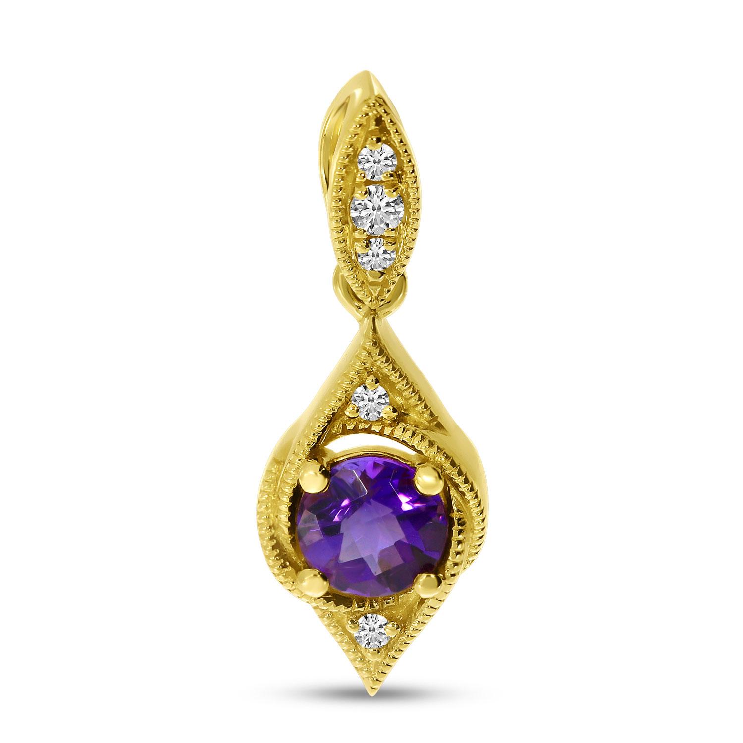 14K Yellow Gold Round Amethyst Filigree Semi Precious Pendant