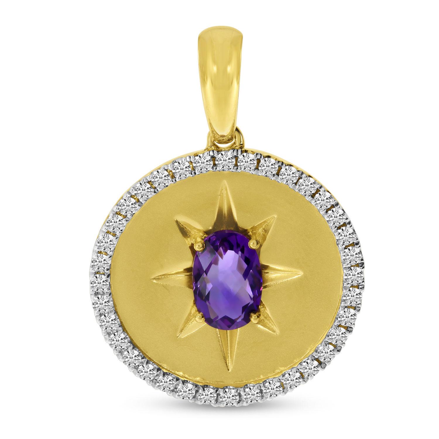 14K Yellow Gold Oval Amethyst Semi Precious Burst Medallion Pendant