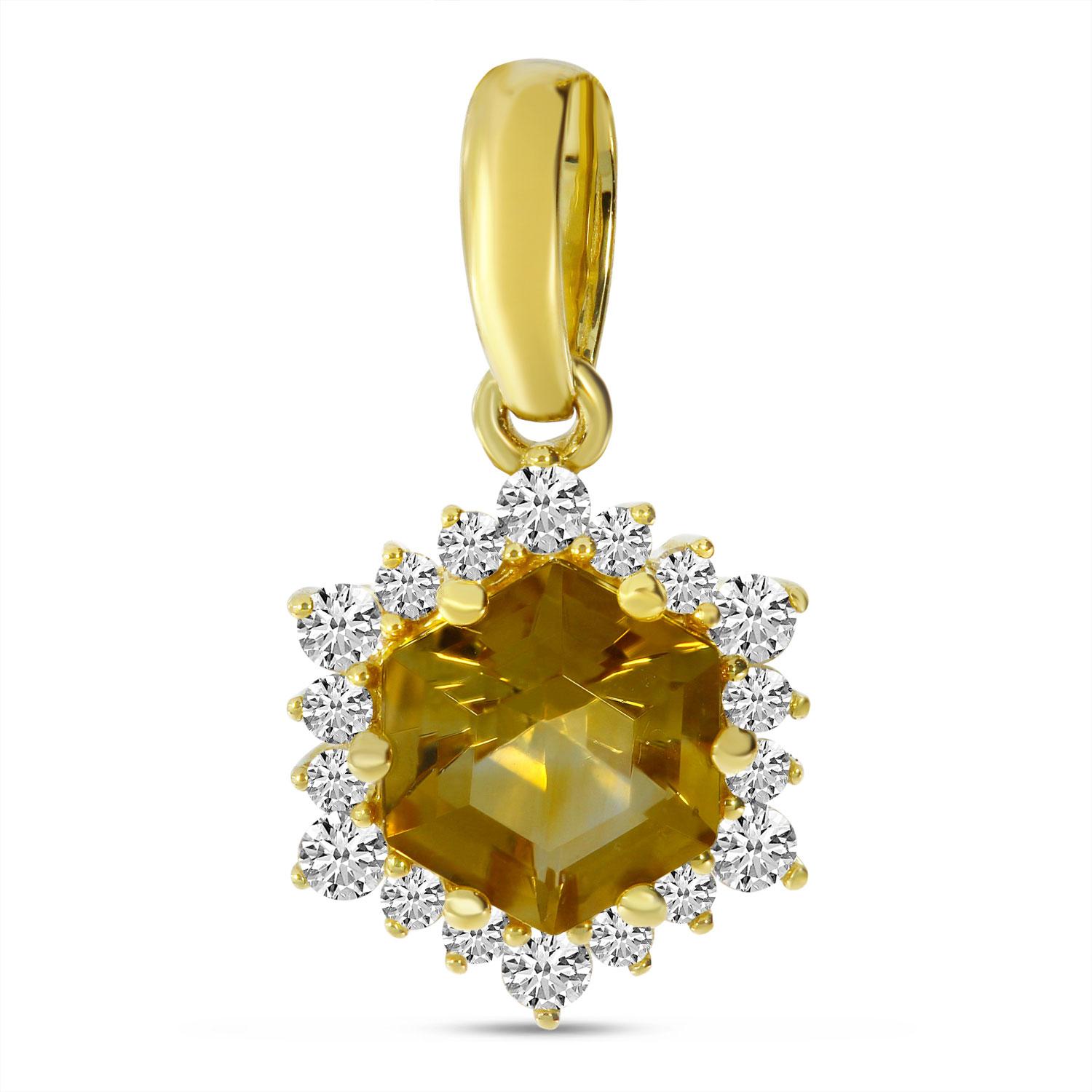 14K Yellow Gold Hexagon Citrine with Diamond Halo Pendant