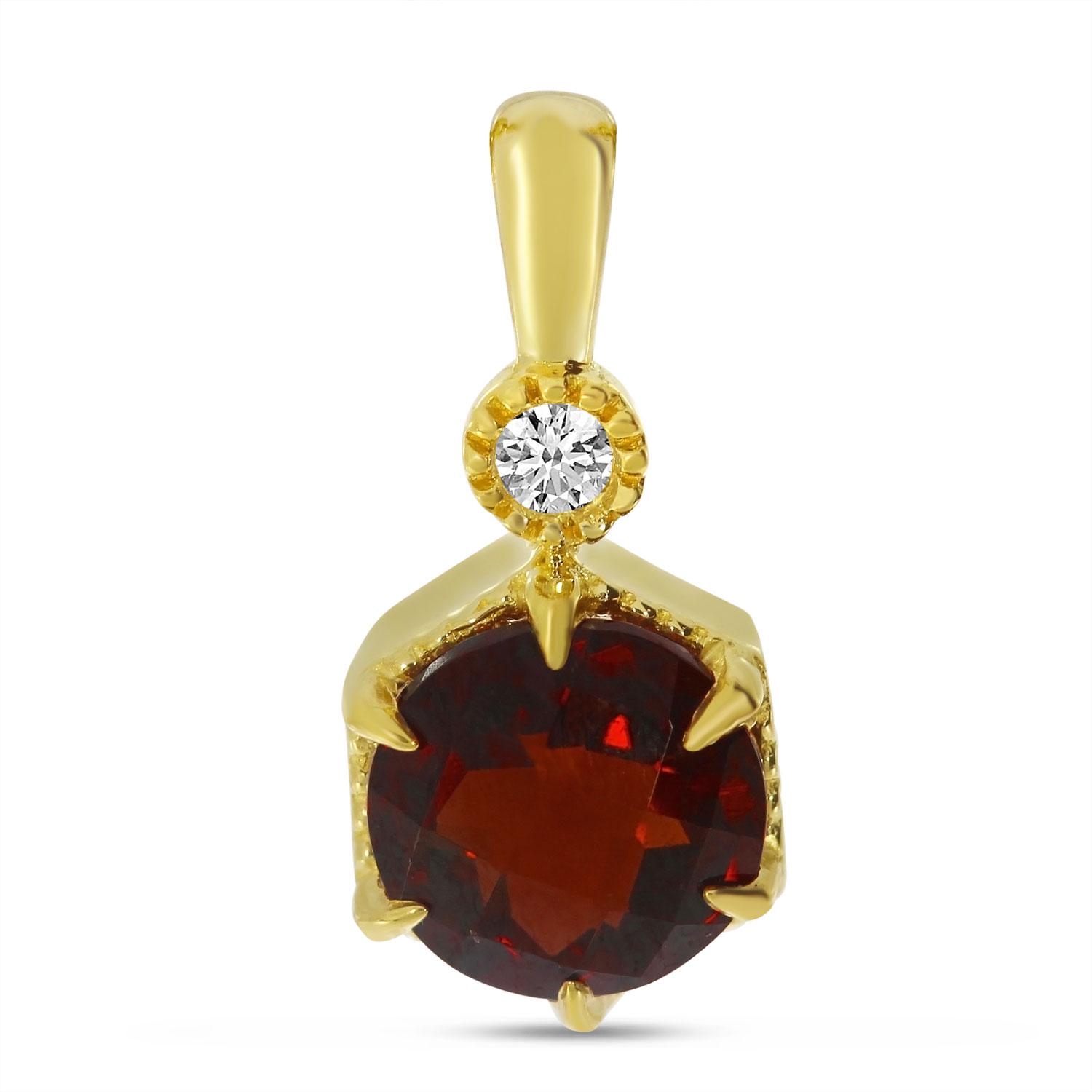 14K Yellow Gold Round Garnet Hexagon Milgrain Diamond Pendant