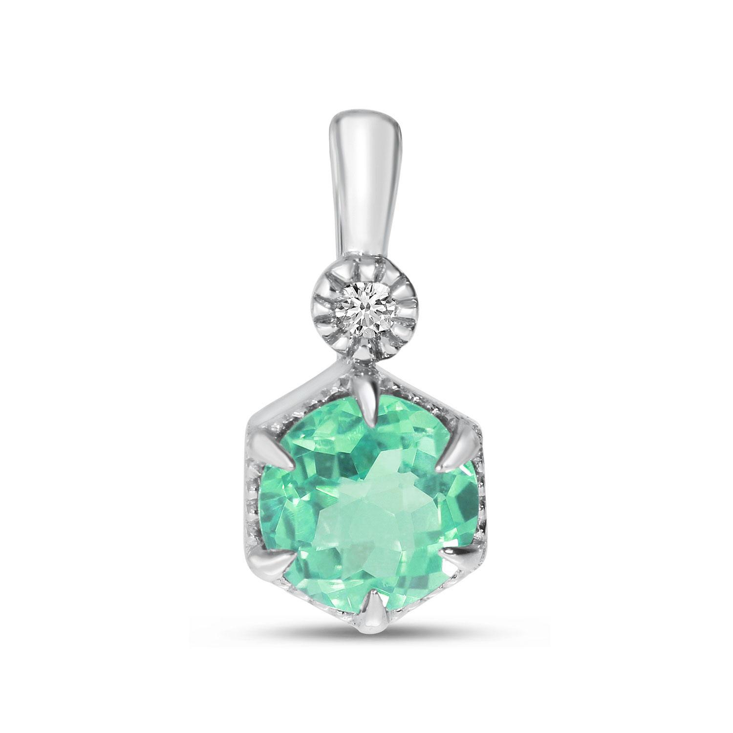 14K White Gold Round Emerald Hexagon Milgrain Diamond Pendant