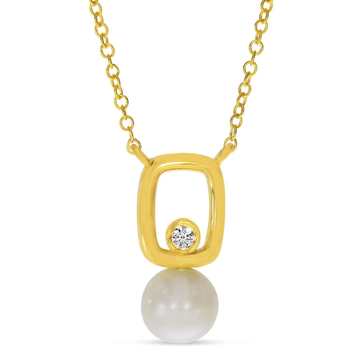 14K Yellow Gold Pearl and Diamond Link Necklace