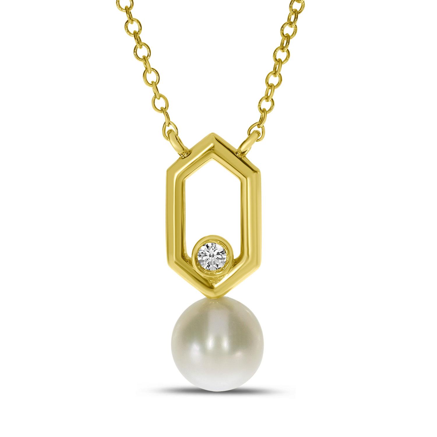 14K Yellow Gold Pearl and Diamond Hexagon Link Necklace