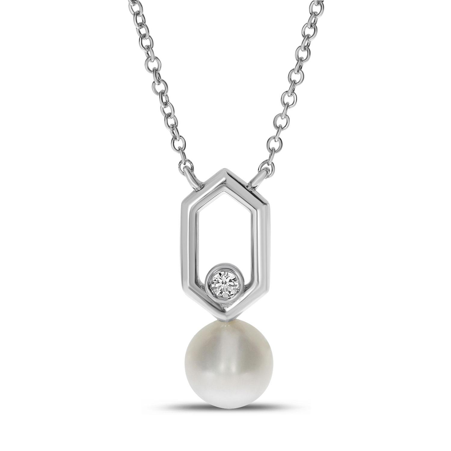 14K White Gold Pearl and Diamond Hexagon Link Necklace