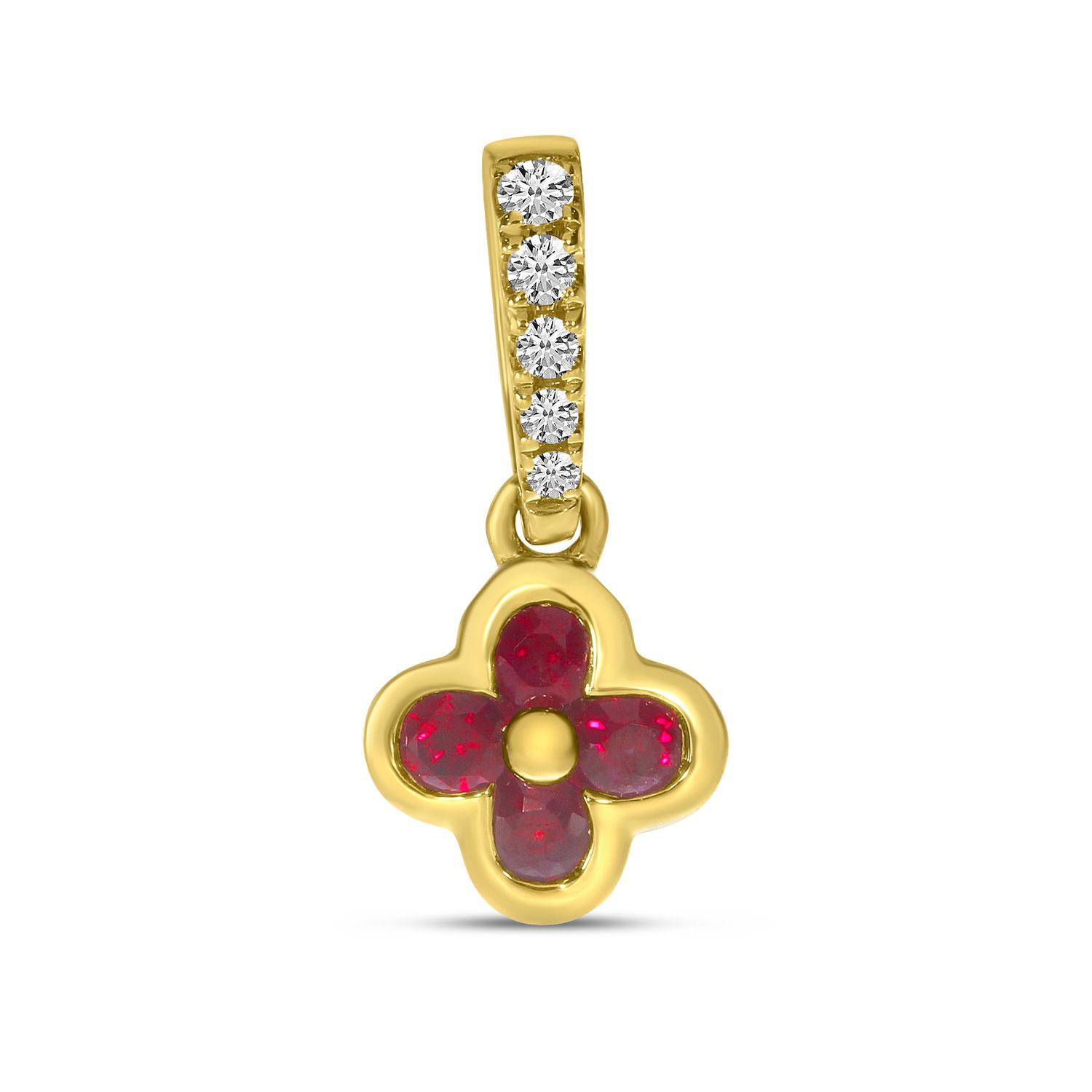 14K Yellow Gold Ruby and Diamond Clover Pendant