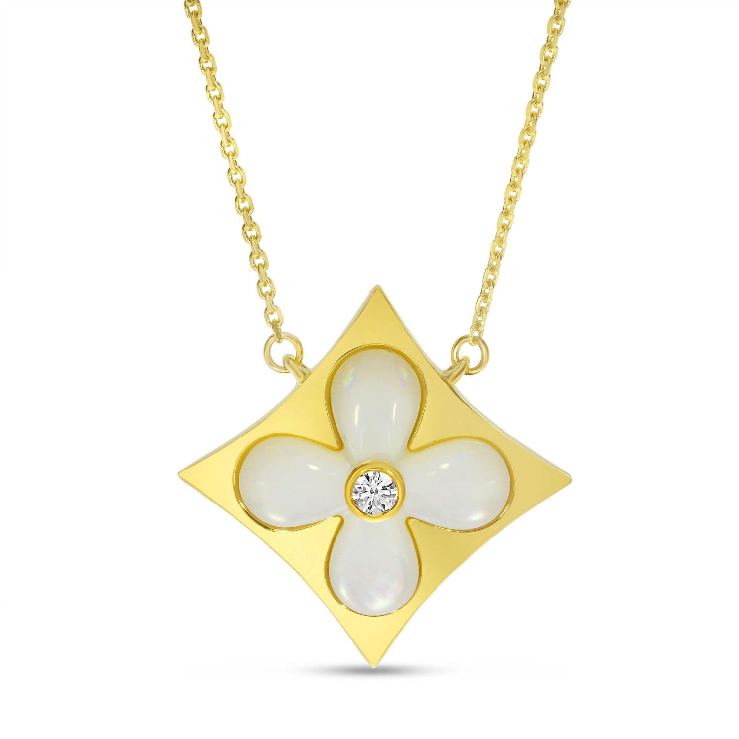 14K Yellow Gold Mother of Pearl with Diamond Floral Necklace