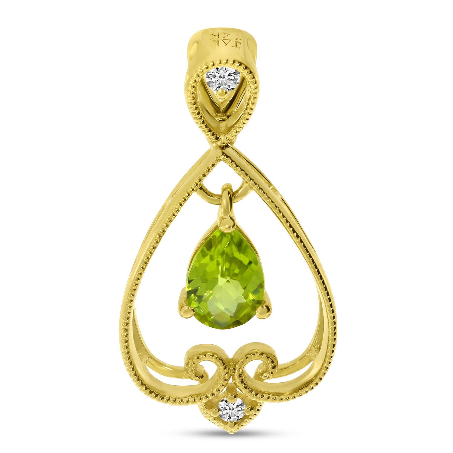 14K Yellow Gold Pear Peridot Drop Filigree Pendant