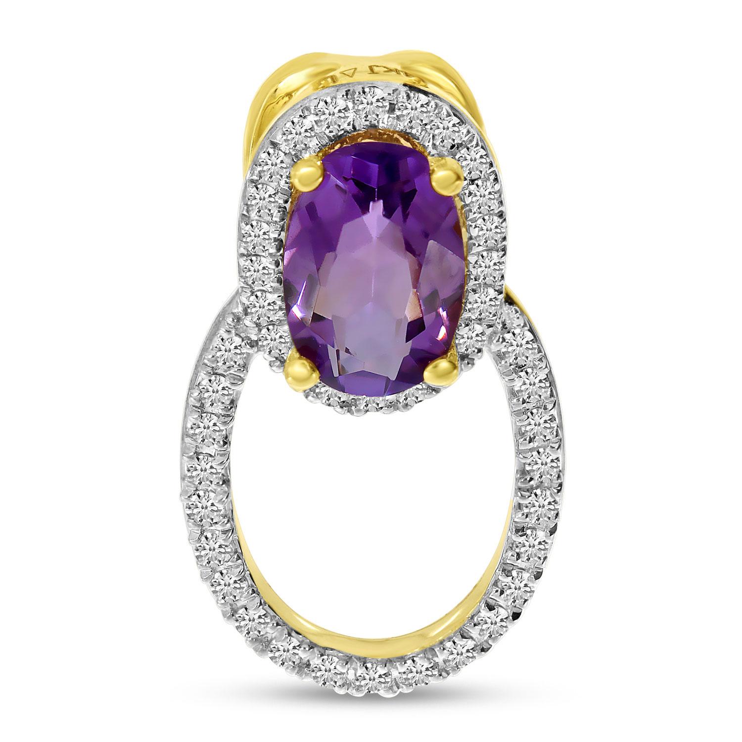 14K Yellow Gold Amethyst and Diamond Oval Semi Precious Pendant