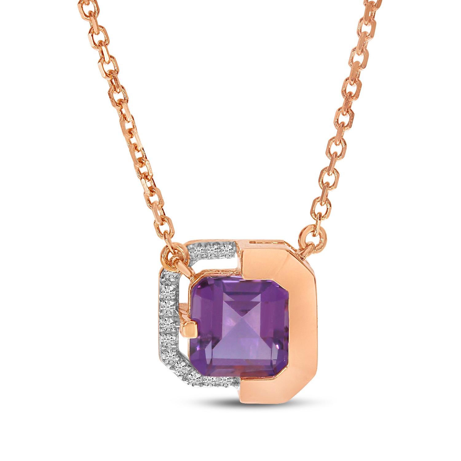 14k Rose Gold Amethyst Cushion and Diamond Half Halo Necklace