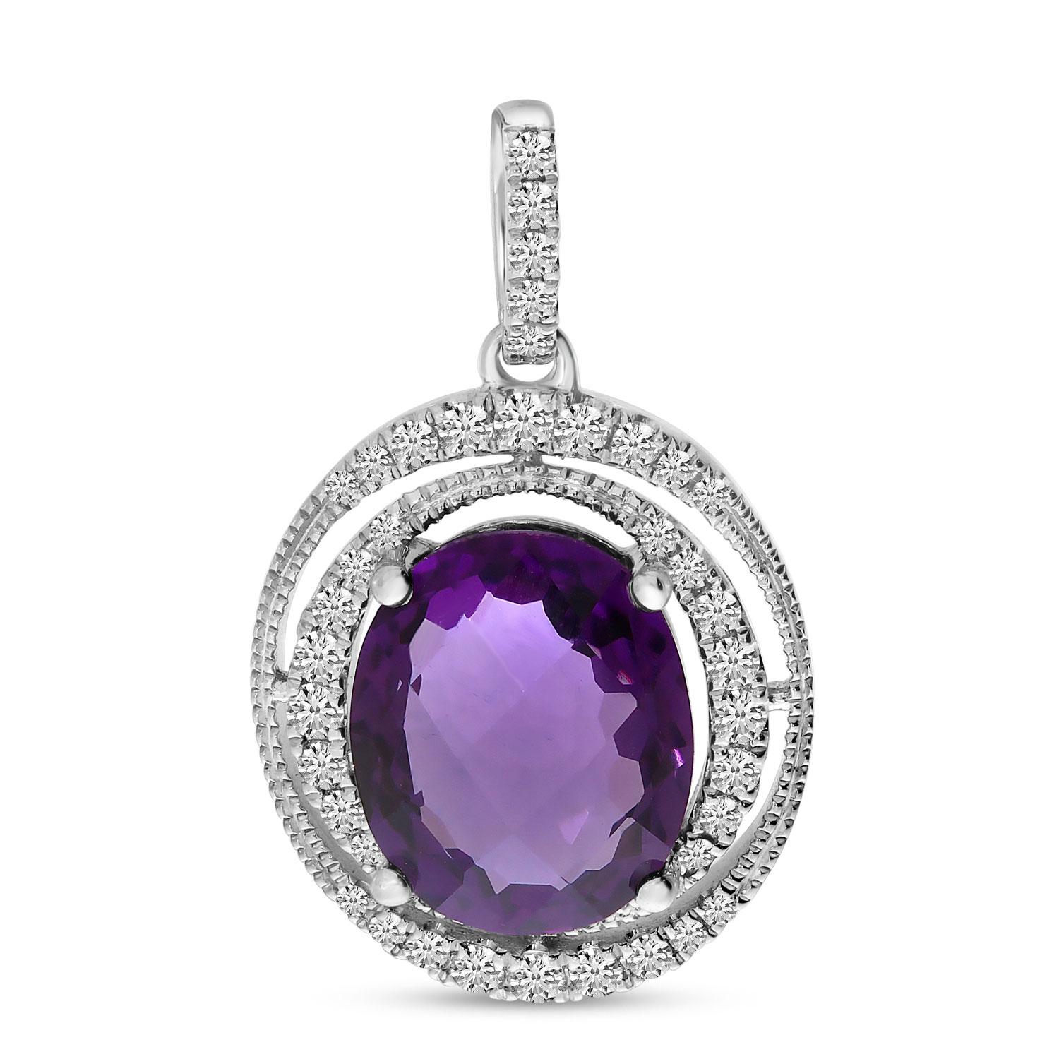 14K White Gold Oval Amethyst Double Diamond Halo Pendant