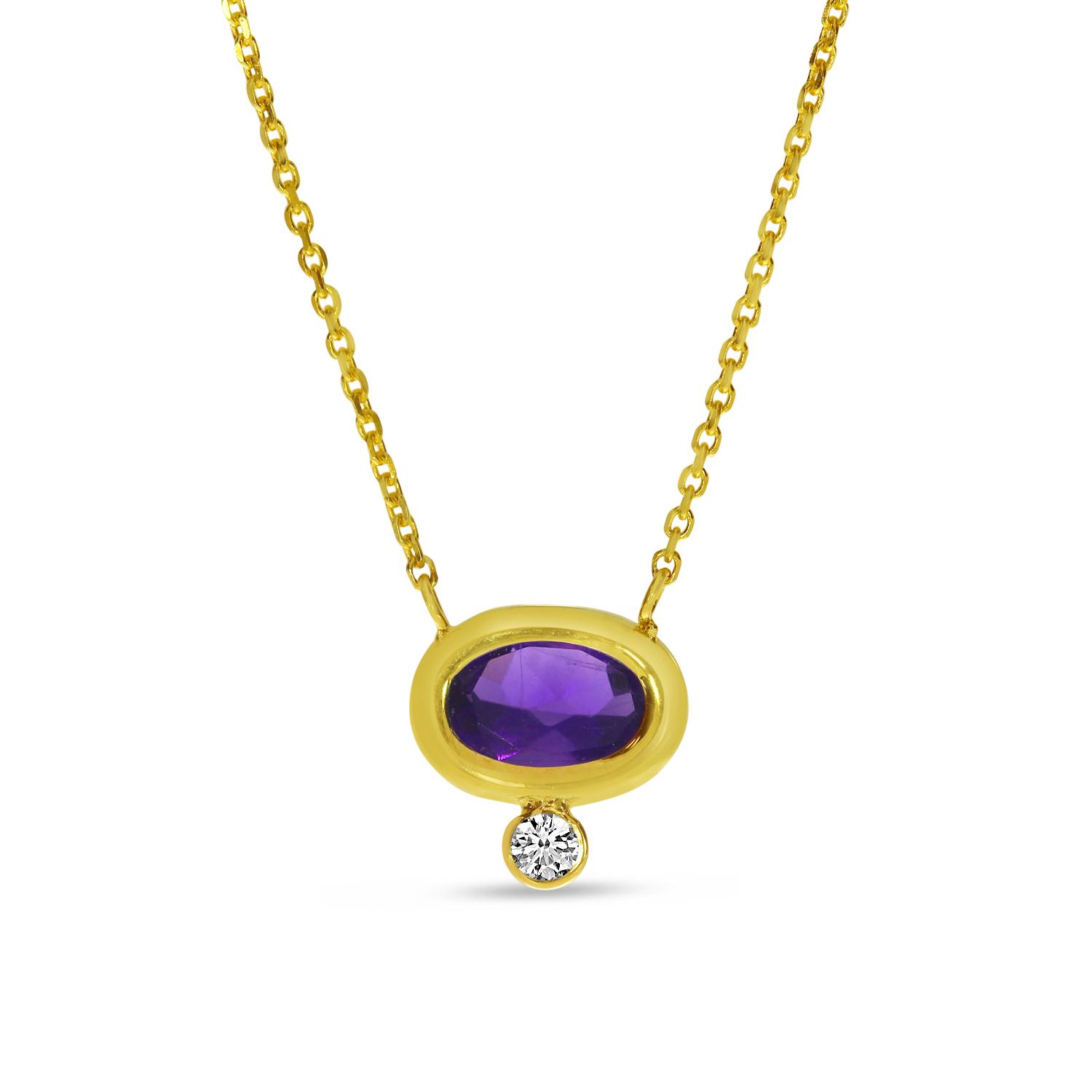 14K Yellow Gold Oval Amethyst with Diamond Bezel Birthstone Necklace