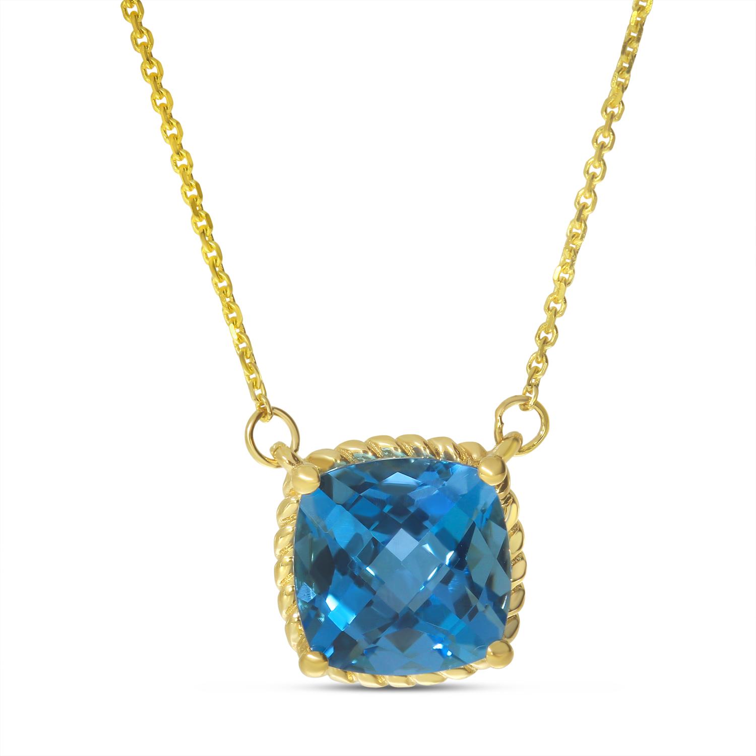 14K Yellow Gold Cushion Blue topaz with Rope Halo Semi Precious Necklace