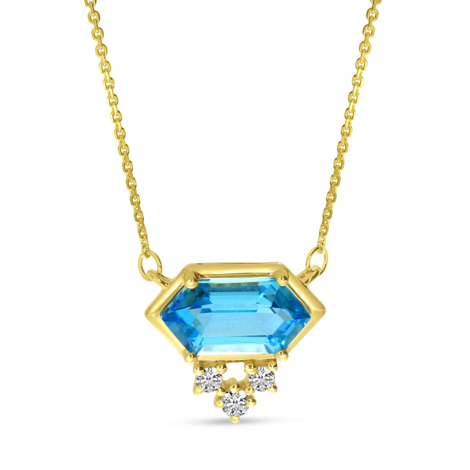 14K Yellow Gold Hexagon Blue Topaz and Diamond Necklace