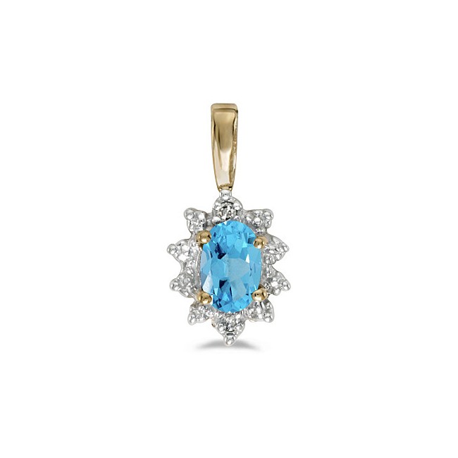 10k Yellow Gold Oval Blue Topaz And Diamond Pendant