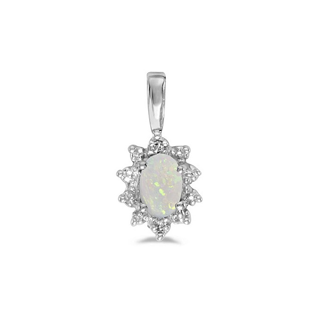 10k White Gold Oval Opal And Diamond Pendant