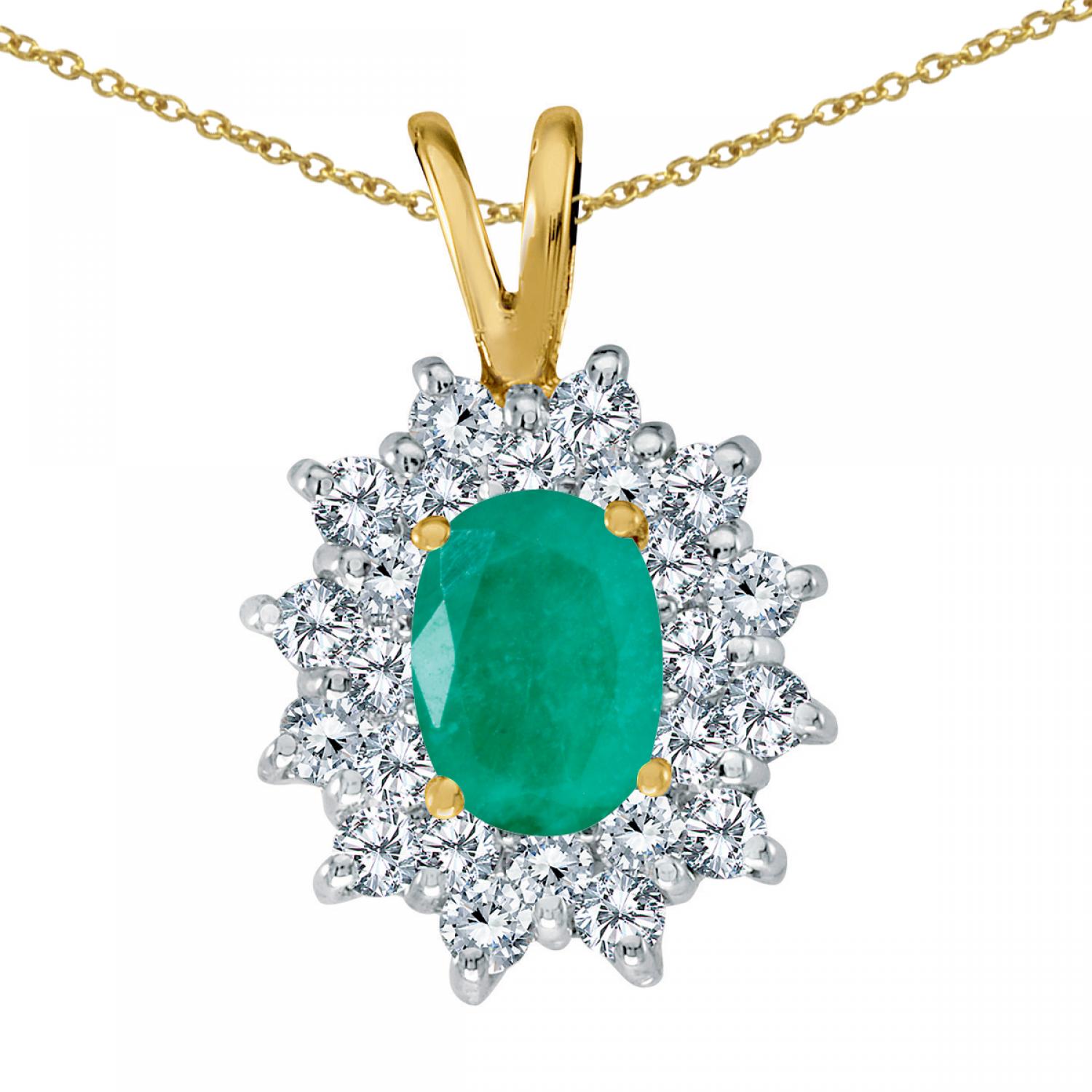 14K Yellow Gold Oval Emerald and Diamond Pendant