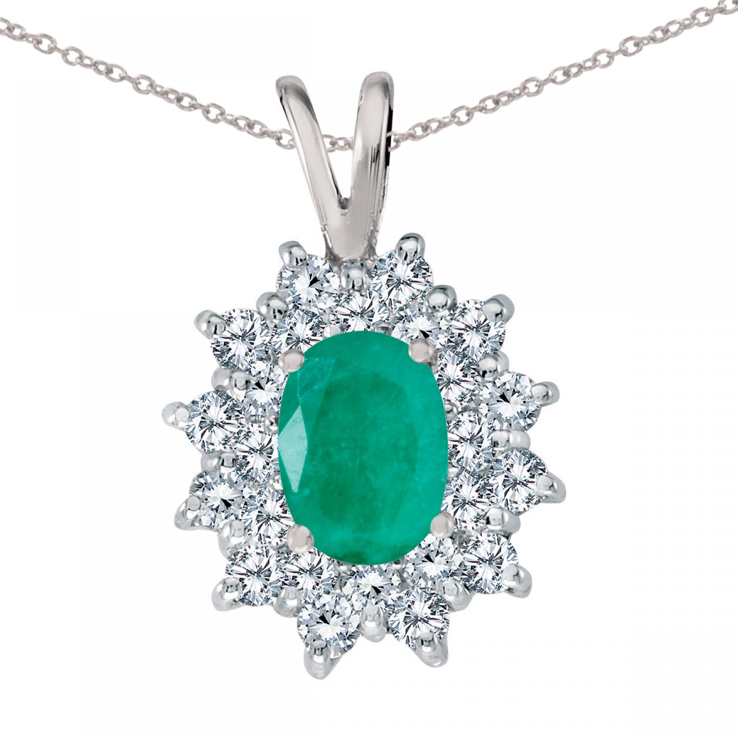 14K White Gold Oval Emerald and Diamond Pendant