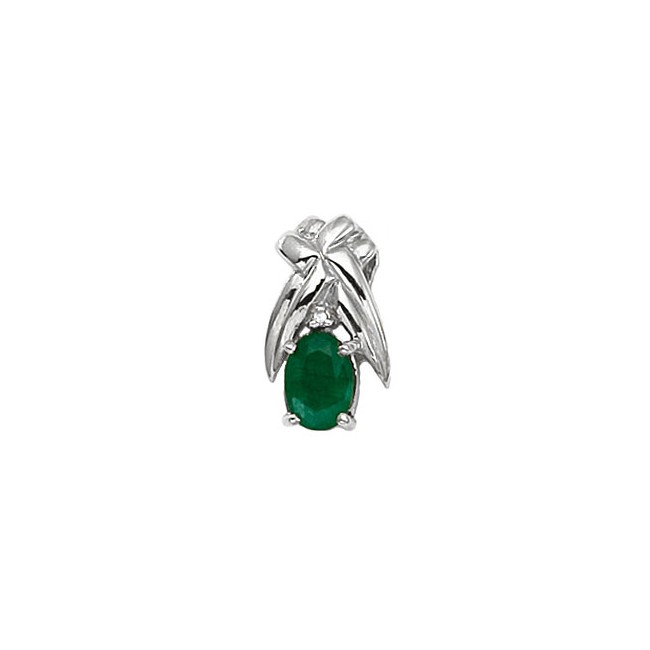 14K White Gold Oval Emerald and Diamond Pendant