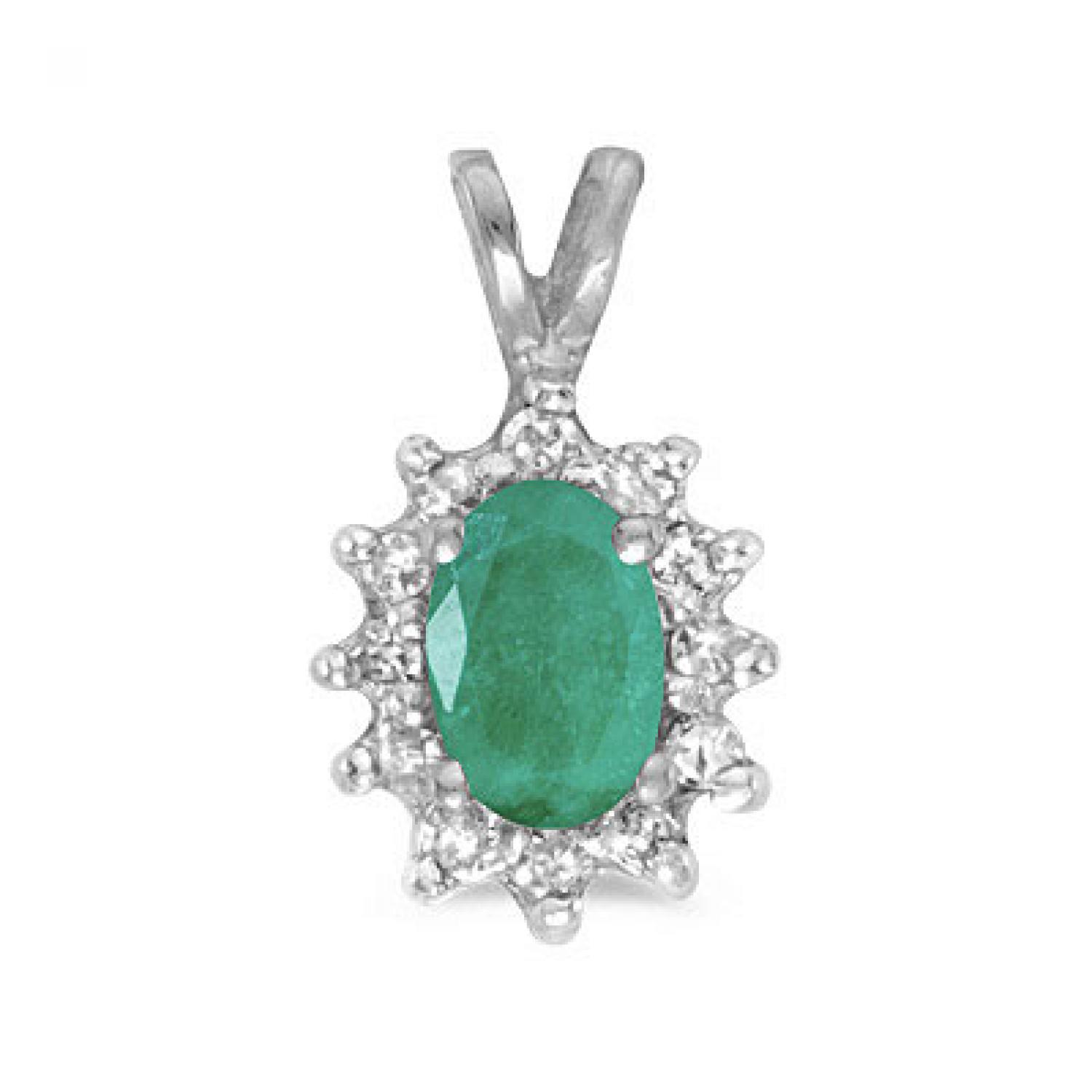 14k White Gold Oval Emerald And Diamond Pendant